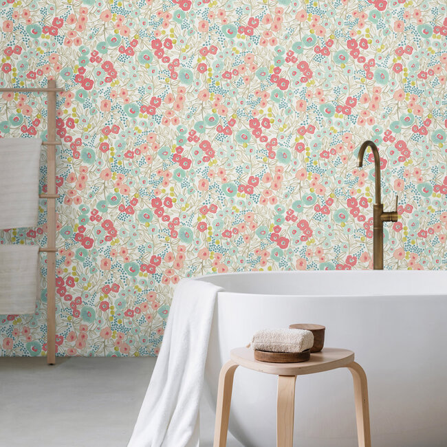 Dutch Wallcoverings Dutch Wallcoverings - FC Glasshouse- Flora Coral/Sky - Vliesbehang - 10m x 50cm - GHS50118W