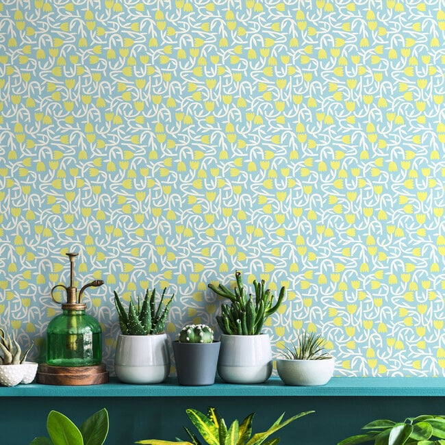 Dutch Wallcoverings Dutch Wallcoverings - FC Glasshouse- Tiny Tulip Lime/Sky - Vliesbehang - 10m x 50cm - GHS50135W