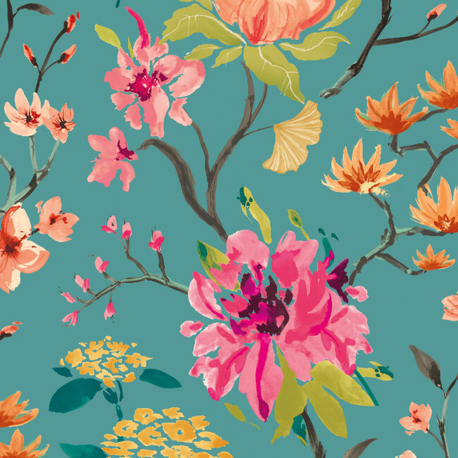 Dutch Wallcoverings Dutch Wallcoverings - Hanashi - Saku Peacock  & Rose - Vliesbehang - 10m x 50cm - HAN50152W