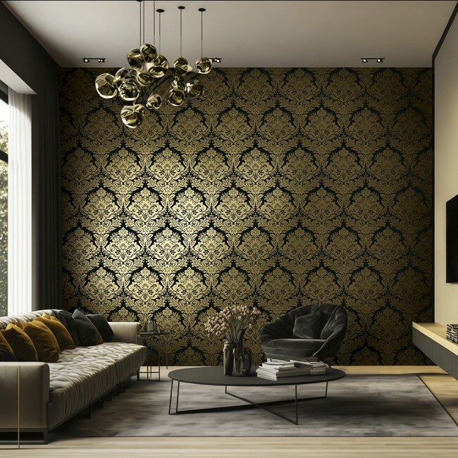 Dutch Wallcoverings Dutch Wallcoverings - FC New Tekko medaillon zwart/goud - Vliesbehang - 10m x 106cm - 20001