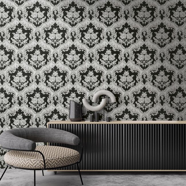Dutch Wallcoverings Dutch Wallcoverings - FC New Tekko medaillon zwart/zilver - Vliesbehang - 10m x 106cm - 20023