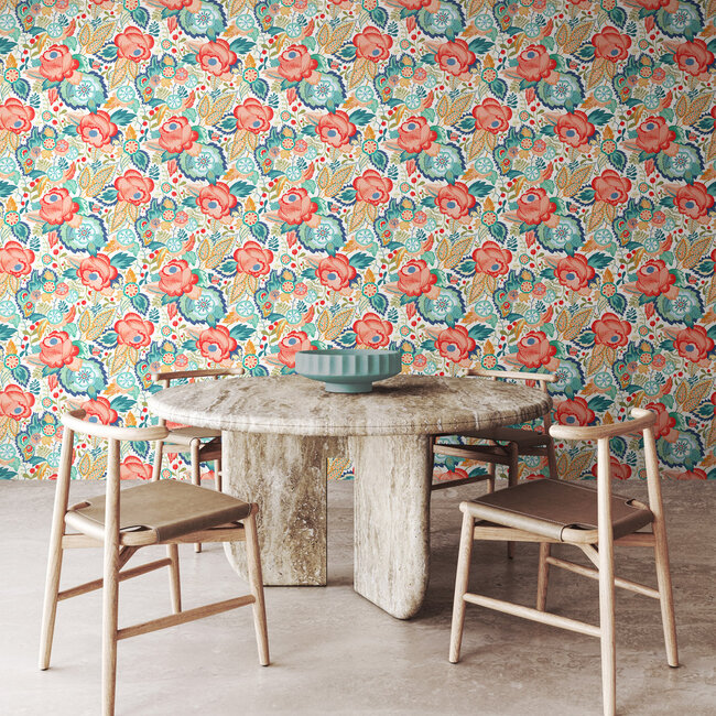 Dutch Wallcoverings Dutch Wallcoverings - FC Riches of Nature- Emily Rose Petrol/Coral - Vliesbehang - 10m x 50cm - RON50129W
