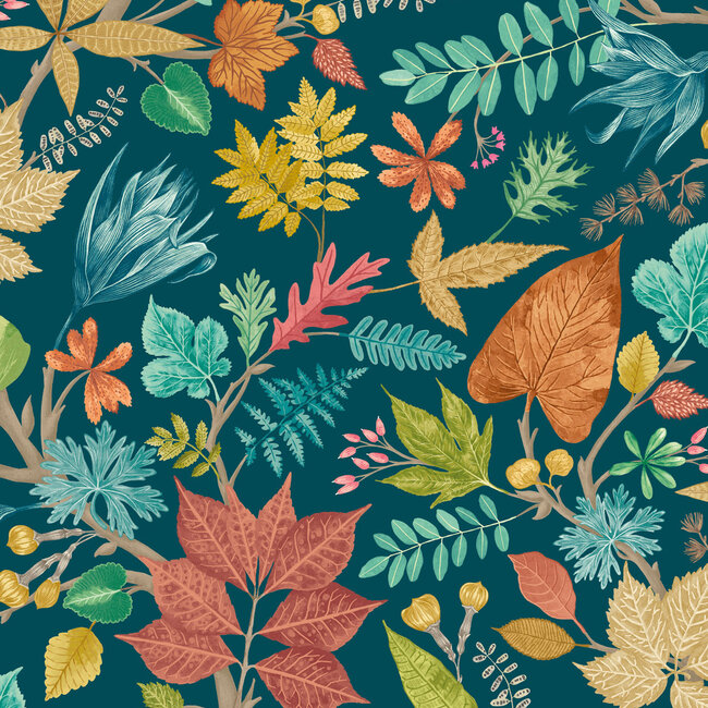 Dutch Wallcoverings Dutch Wallcoverings - FC Riches of Nature- Lush Leaves Teal/Corn - Vliesbehang - 10m x 50cm - RON50120W