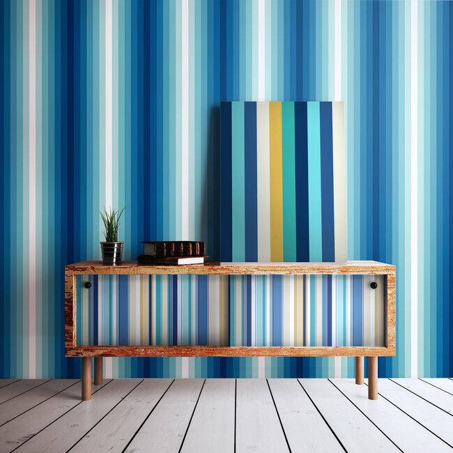 Dutch Wallcoverings Dutch Wallcoverings - FC So Stripey - Rainbow Bloc Cobolt Mix - Vliesbehang - 10m x 50cm - STR50119W