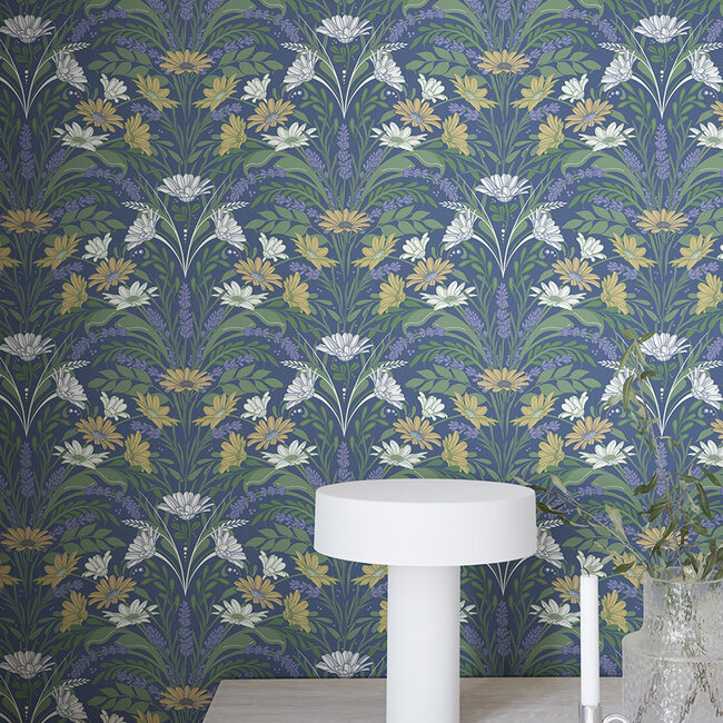 Dutch Wallcoverings Dutch Wallcoverings - FC Sunnano- Värmdö Blue/yellow - Vliesbehang - 10m x 53cm - 24116