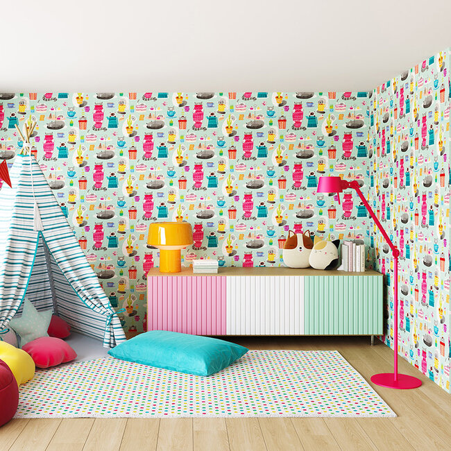 Dutch Wallcoverings Dutch Wallcoverings - FC When I Grow Up - Kitten Kaboodle Spearmint - Vliesbehang - 10m x 50cm - WGU50108W