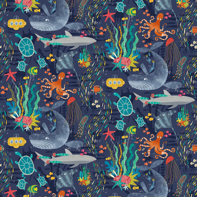 Dutch Wallcoverings Dutch Wallcoverings - FC When I Grow Up - Beneath The Waves Prussian - Vliesbehang - 10m x 50cm - WGU50130W