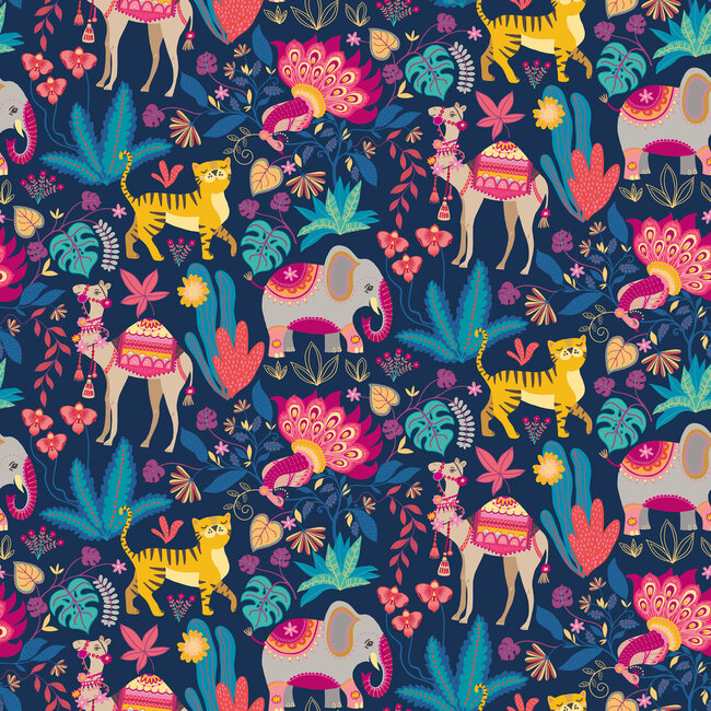 Dutch Wallcoverings Dutch Wallcoverings - FC When I Grow Up - Samba Safari Ink & Cerise - Vliesbehang - 10m x 50cm - WGU50133W
