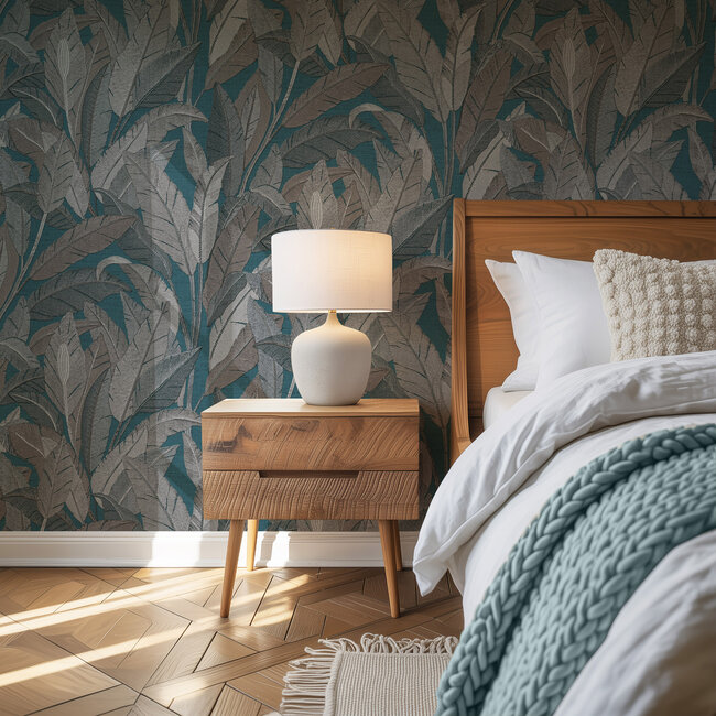 Dutch Wallcoverings Dutch Wallcoverings - Renaissance - Leaves Petrol Blue- Vliesbehang - 10m x 53cm - RE521056