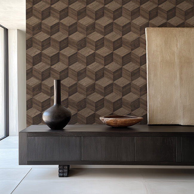 Dutch Wallcoverings Dutch Wallcoverings - Renaissance - Natural Cube Brown - Vliesbehang - 10m x 53cm - RE521094