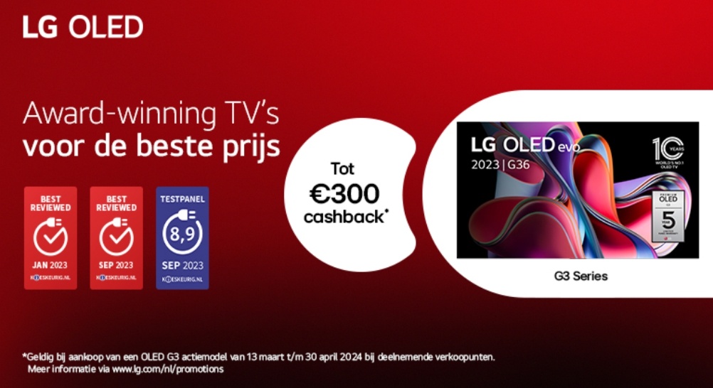 Tot €300 cashback op LG G3 OLED TV's