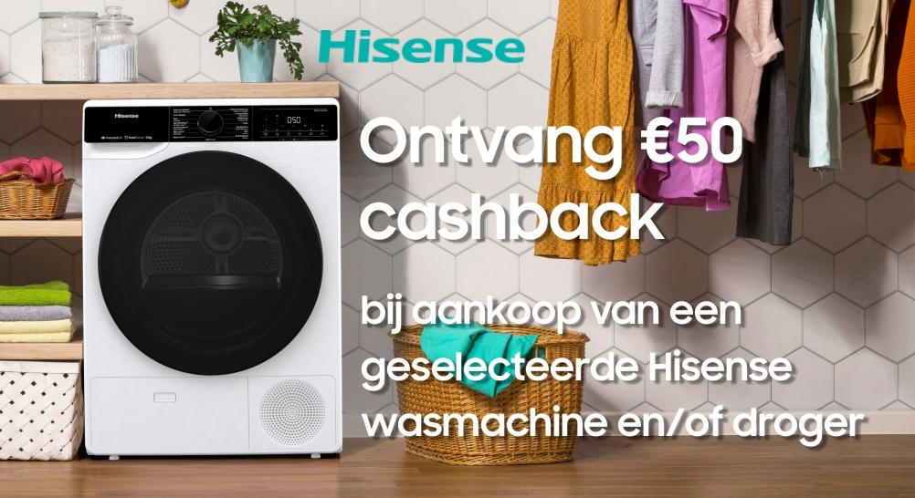 €50 cashback op een Hisense Essential+ wasmachine of droger