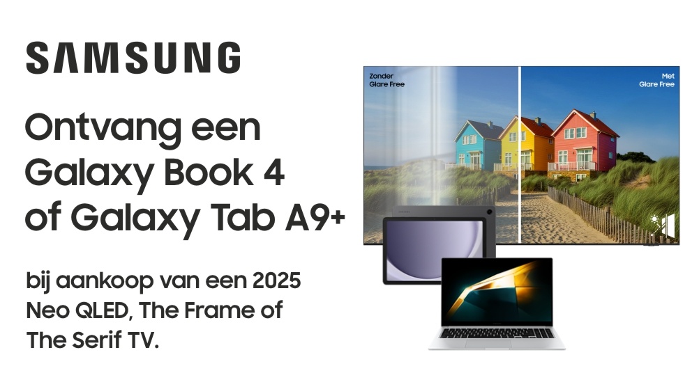 Galaxy Book 4 of Galaxy Tab A9+  bij een Samsung 2025 Neo QLED, The Frame of The Serif TV 