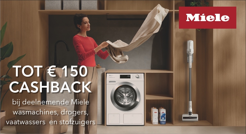 Tot € 150,- cashback op veel Miele wasmachines, drogers, vaatwassers  en stofzuigers