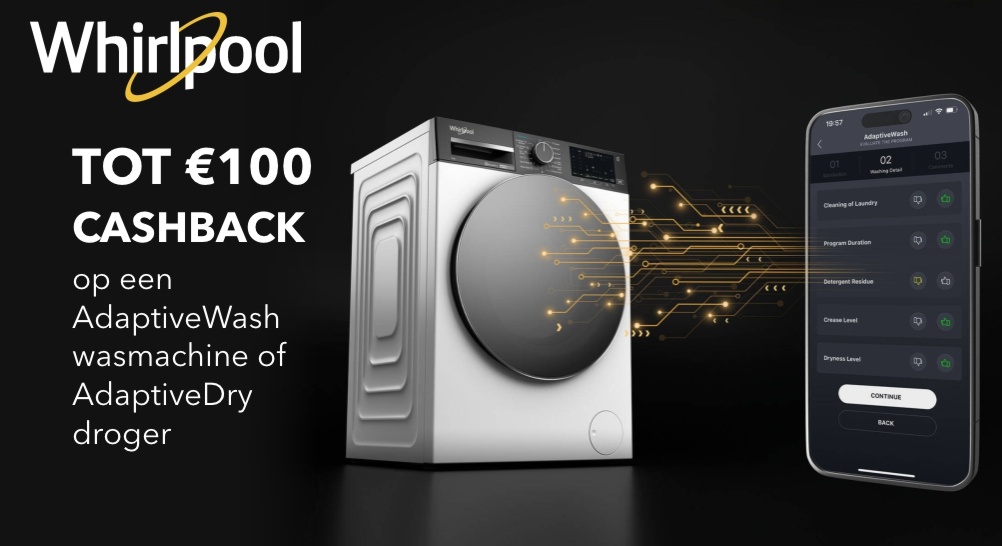 Tot € 100 cashback bij  een Whirlpool AdaptiveWash wasmachine of AdaptiveDry droger