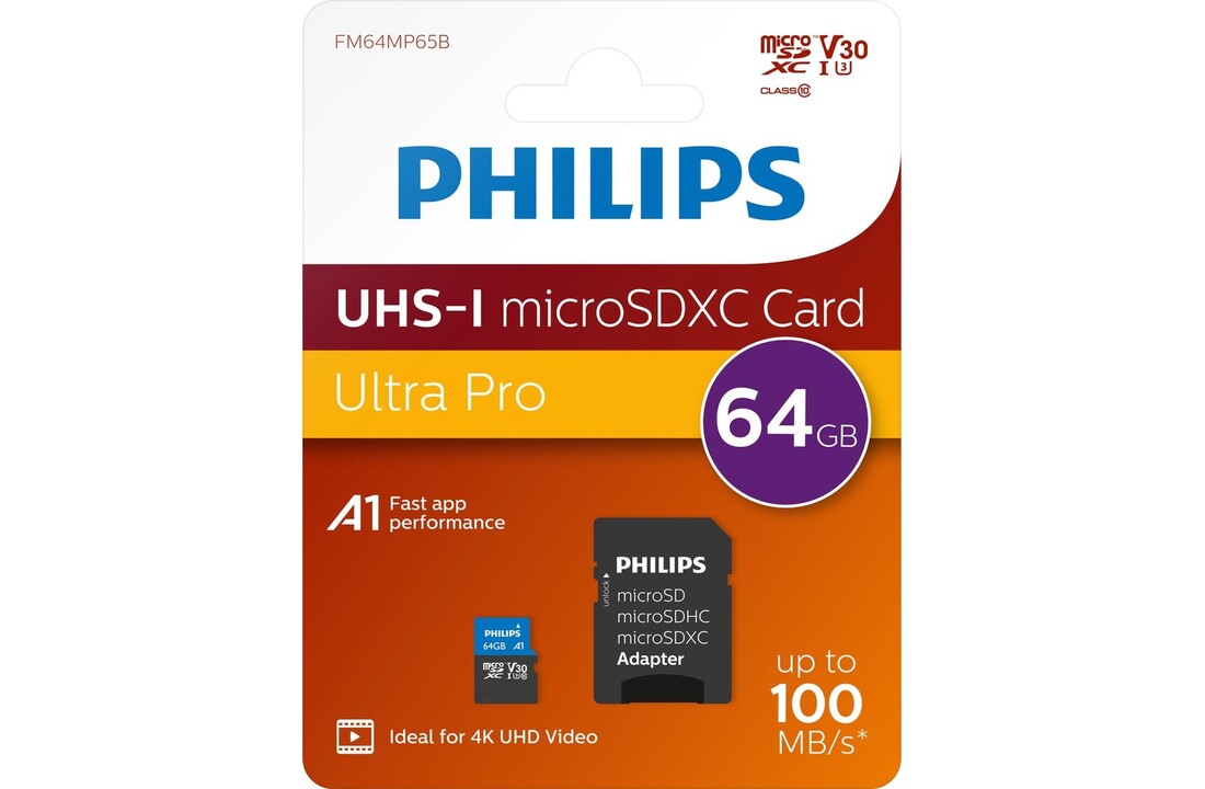 Philips MicroSDXC UHS-I U3 Kaart 64GB - Micro SD kaart
