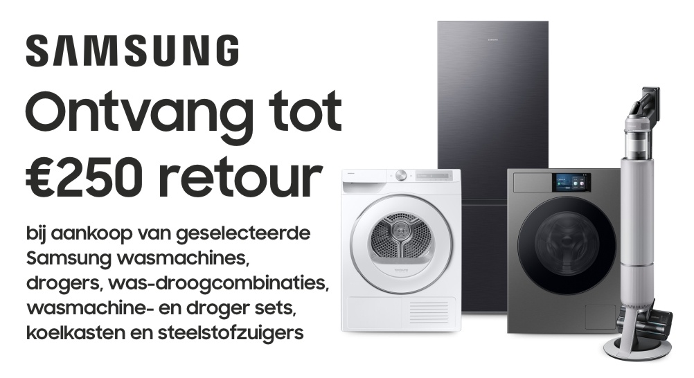 Tot €250 retour bij een deelnemende Samsung huishoudelijk apparaat