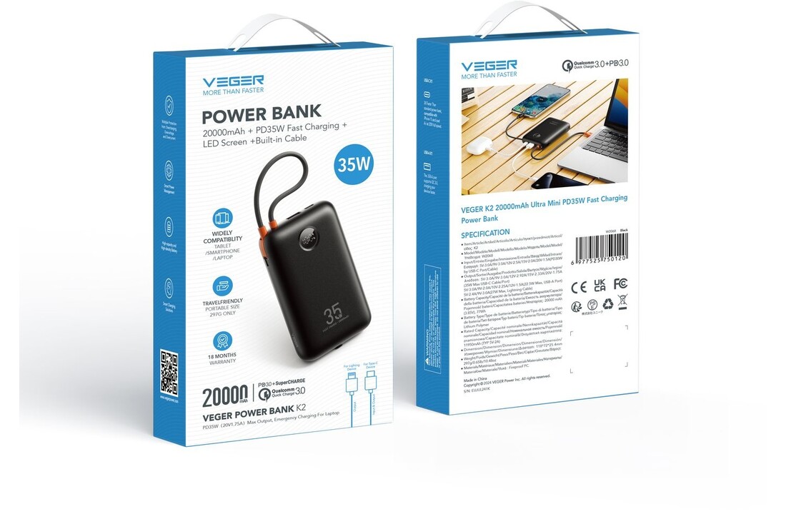 Veger K2 W2068 20.000 mAh Powerbank Zwart - Powerbank