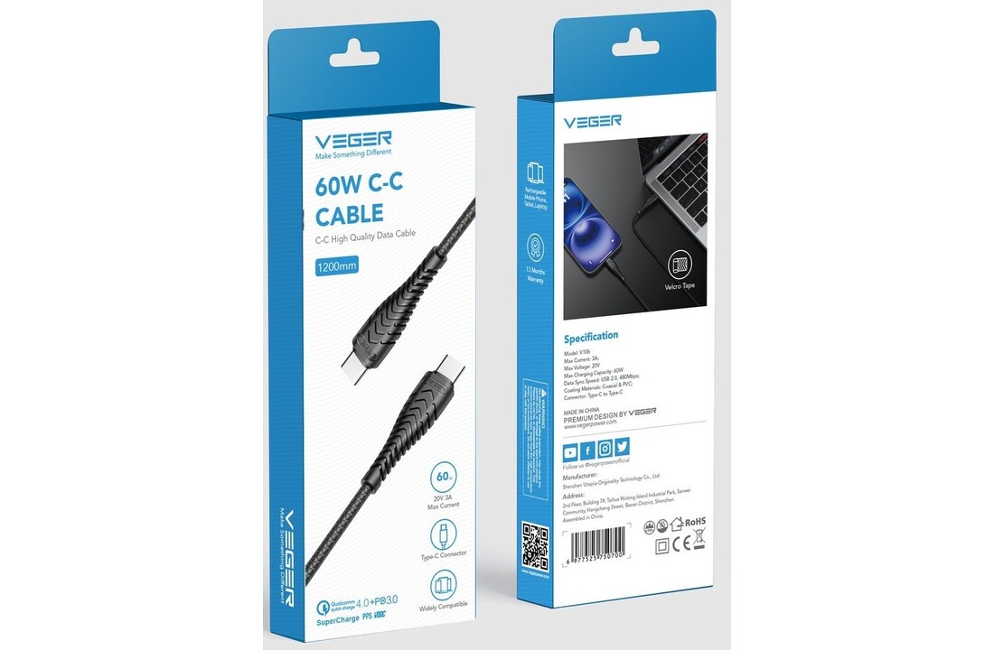 Veger V106 USB-C naar USB-C kabel 1.2m Nylon