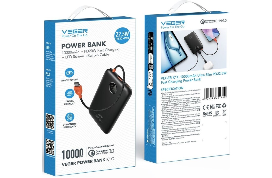 Veger K1C W1189 10.000 mAh Zwart - Powerbank