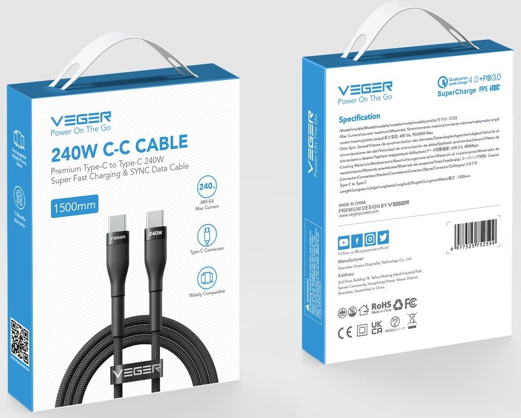 Veger CC03 USB-C naar USB-C kabel 1.5m Braided Aluminium 240 Watt