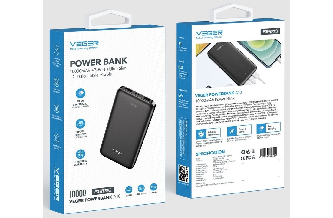 Veger A10 W1065 10.000 mAh Zwart - Powerbank