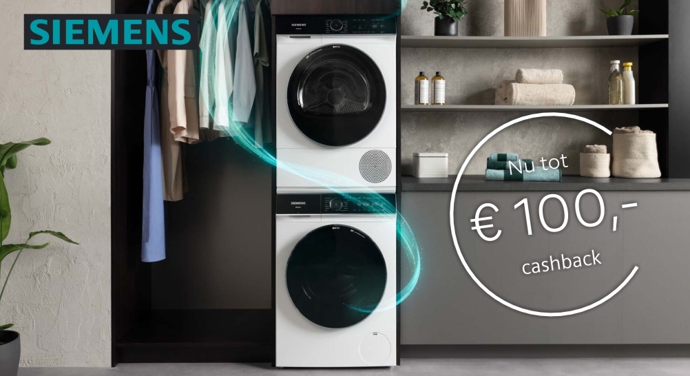 Tot €100 cashback op Siemens wasmachines, warmtepompdrogers & was-droogcombinaties