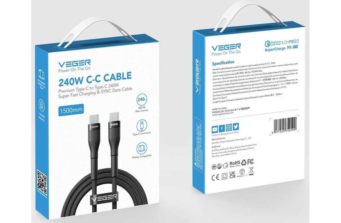 Veger CC03 USB-C naar USB-C kabel 1.5m Braided Aluminium 240 Watt