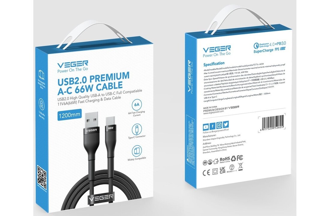 Veger AC04 USB-A naar USB-C kabel 1.2m Braided Aluminium 66 Watt