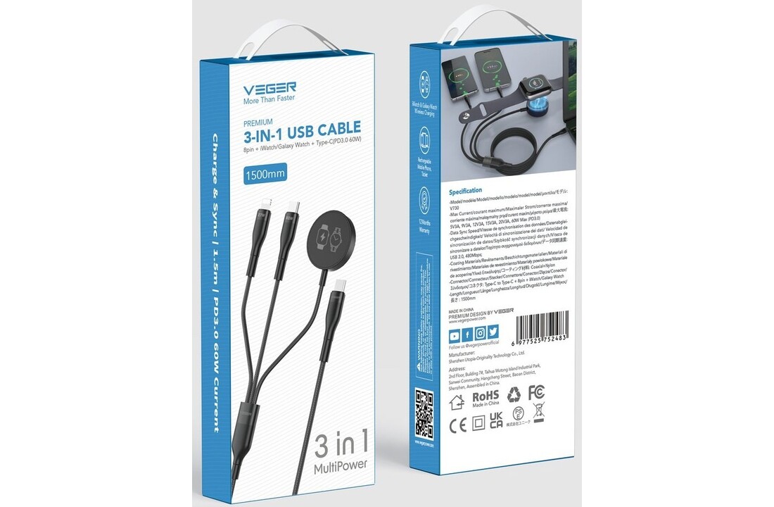 Veger V730 3 in 1 kabel met Magsafe 1.5m Braided 92 Watt