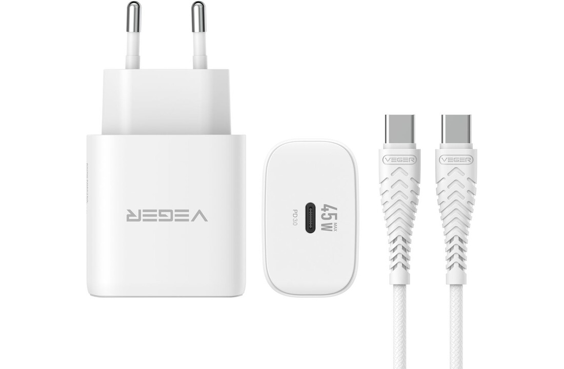Veger snellader 45 Watt + USB-C Kabel 1,5m Nylon Wit