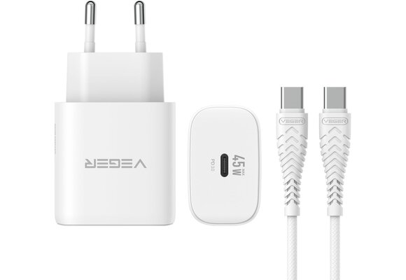 Veger snellader 45 Watt + USB-C Kabel 1,5m Nylon Wit