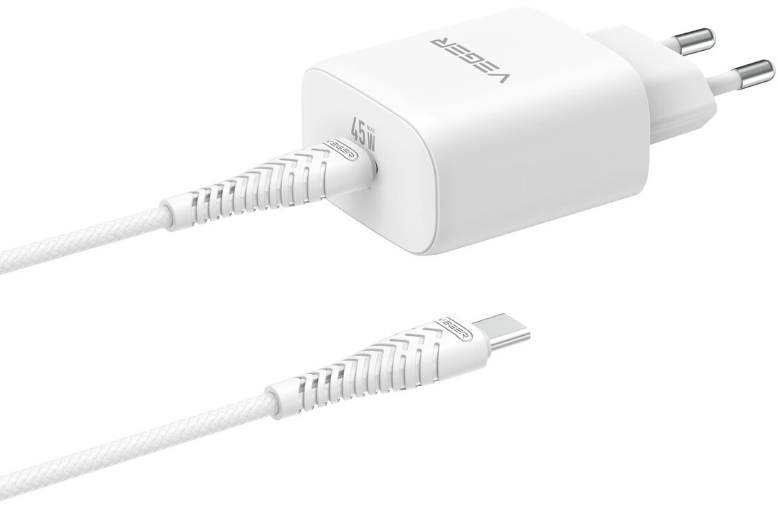 Veger snellader 45 Watt + USB-C Kabel 1,5m Nylon Wit