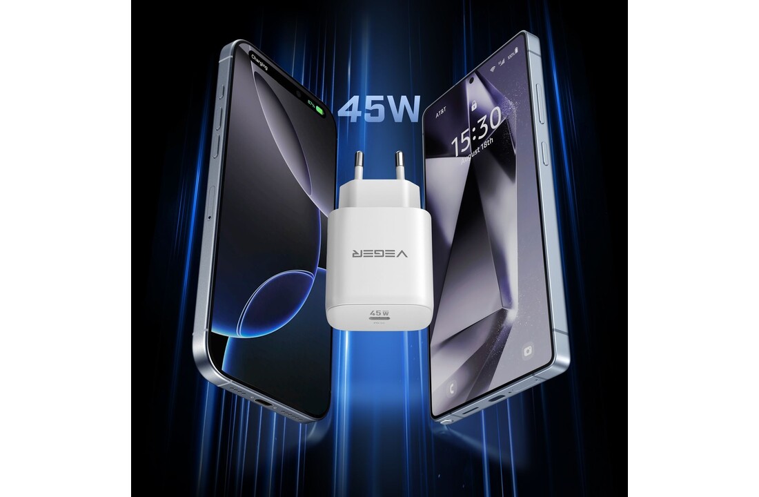 Veger snellader 45 Watt + USB-C Kabel 1,5m Nylon Wit