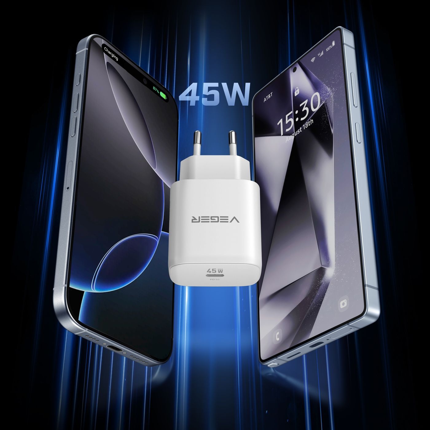 Veger snellader 45 Watt + USB-C Kabel 1,5m Nylon Wit