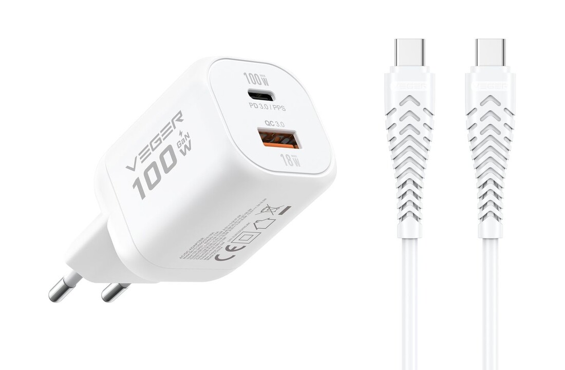 Veger snellader 100 Watt 2x USB Poort + USB-C Kabel 1,5m Nylon Wit