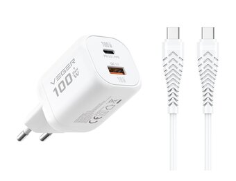 Veger snellader 100 Watt 2x USB Poort + USB-C Kabel 1,5m Nylon Wit