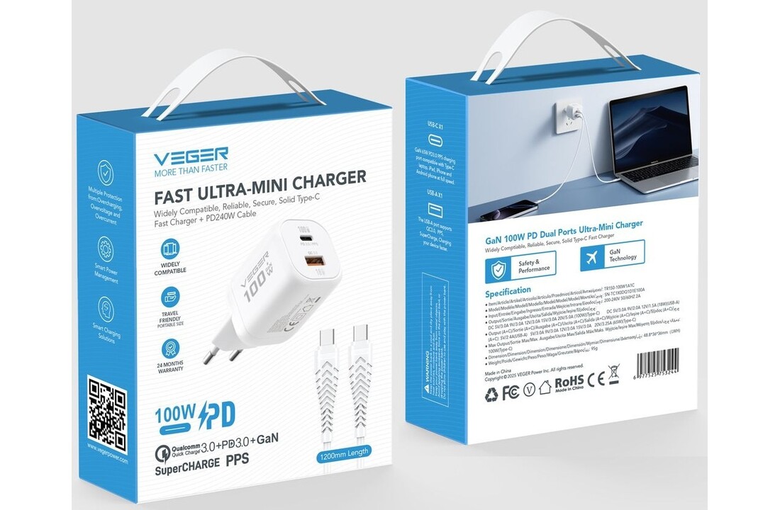 Veger snellader 100 Watt 2x USB Poort + USB-C Kabel 1,5m Nylon Wit