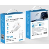 Veger snellader 100 Watt 2x USB Poort + USB-C Kabel 1,5m Nylon Wit