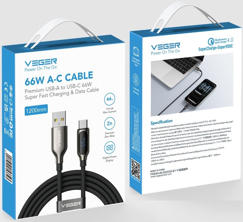 Veger AC1 USB-A naar USB-C kabel 1.2m Braided 66 Watt met display