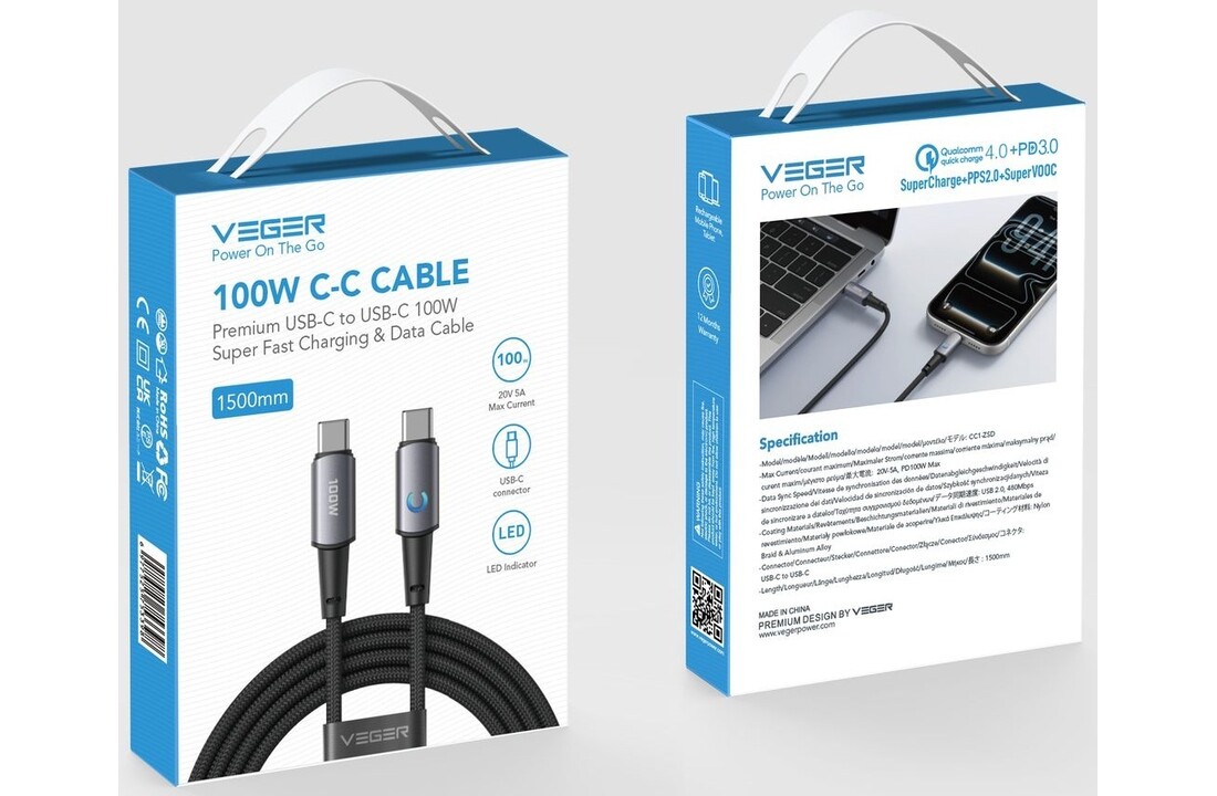 Veger CC1 USB-C naar USB-C kabel 1.5m Braided Aluminium 100 Watt