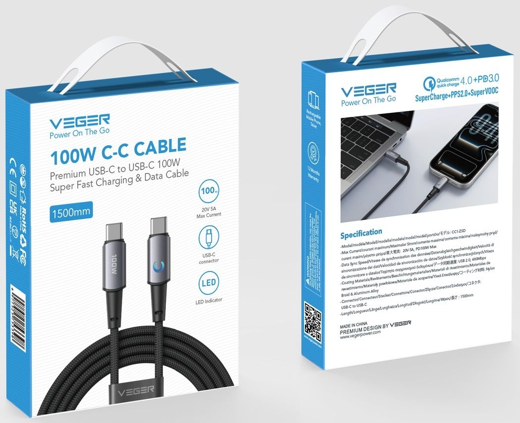 Veger CC1 USB-C naar USB-C kabel 1.5m Braided Aluminium 100 Watt