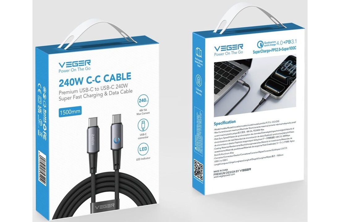 Veger CC2 USB-C naar USB-C kabel 1.5m Braided Aluminium 240 Watt
