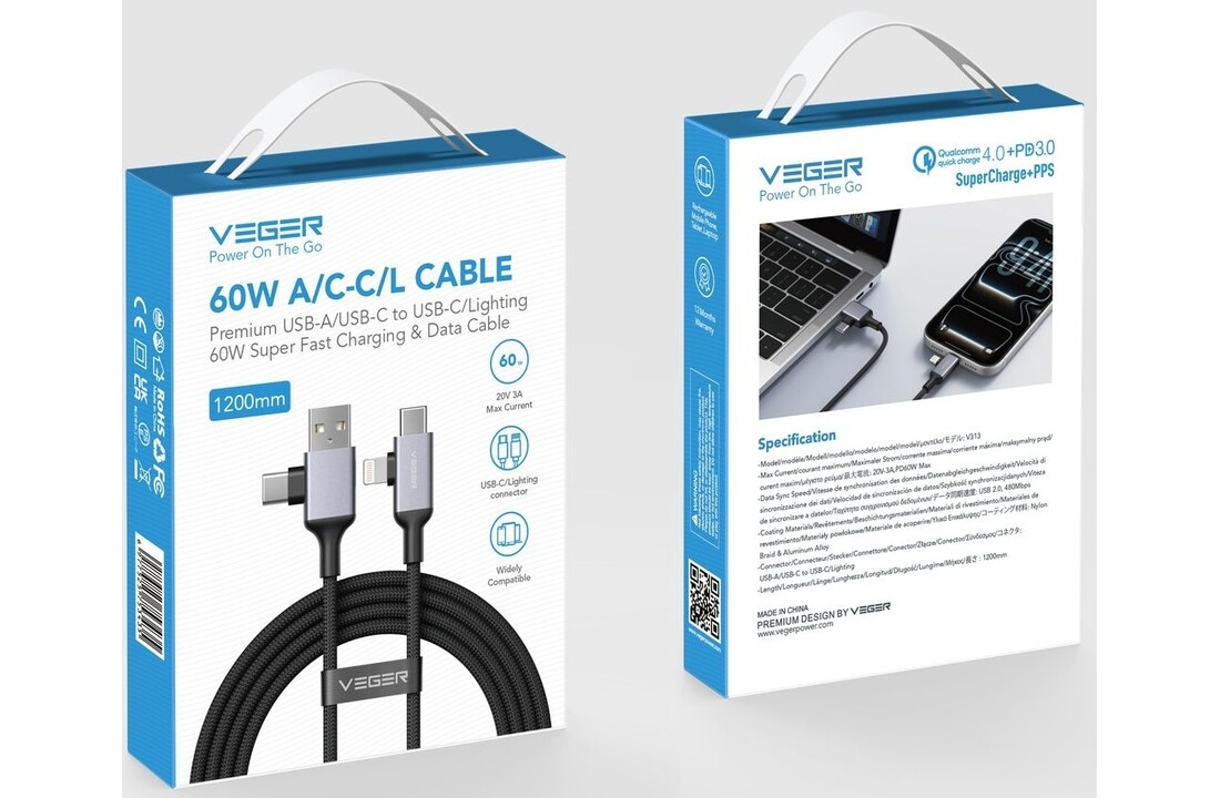 Veger V313 4 in 1 USB-A USB-C Lightning kabel 1.2m Braided Aluminium 60 Watt