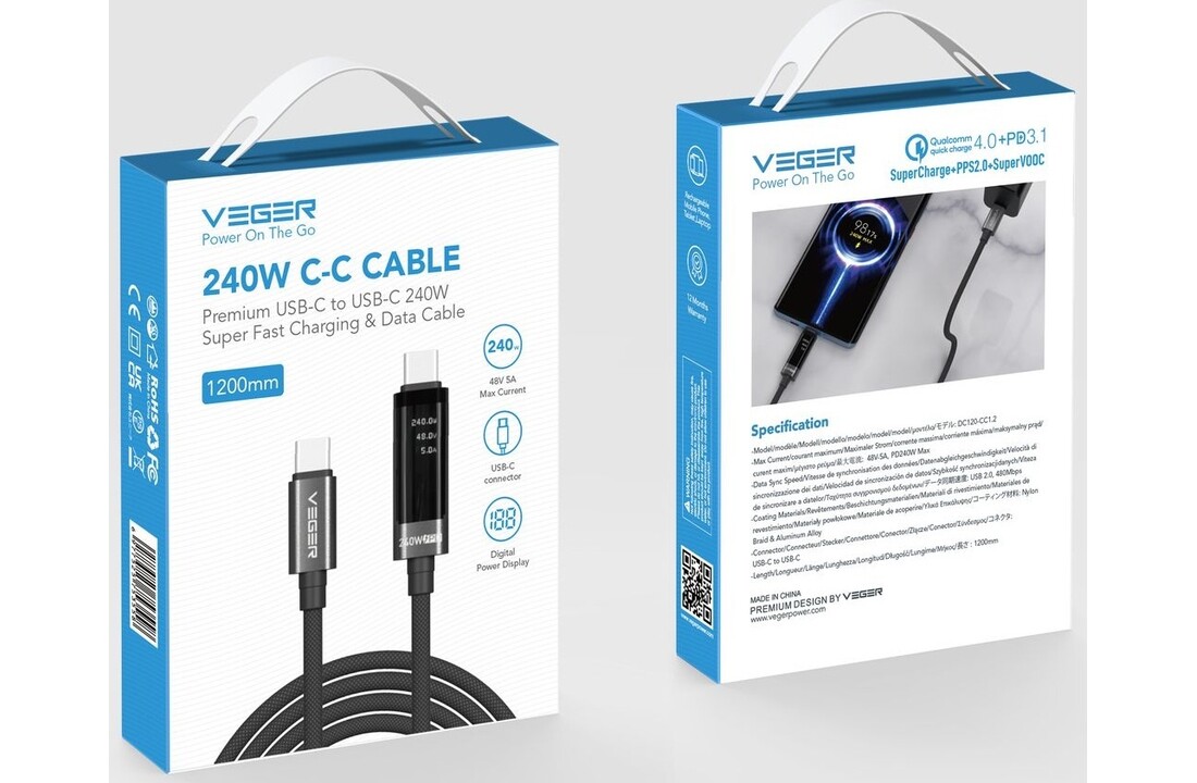 Veger DC120 USB-C naar USB-C kabel 1.5m Braided Aluminium 240 Watt met display