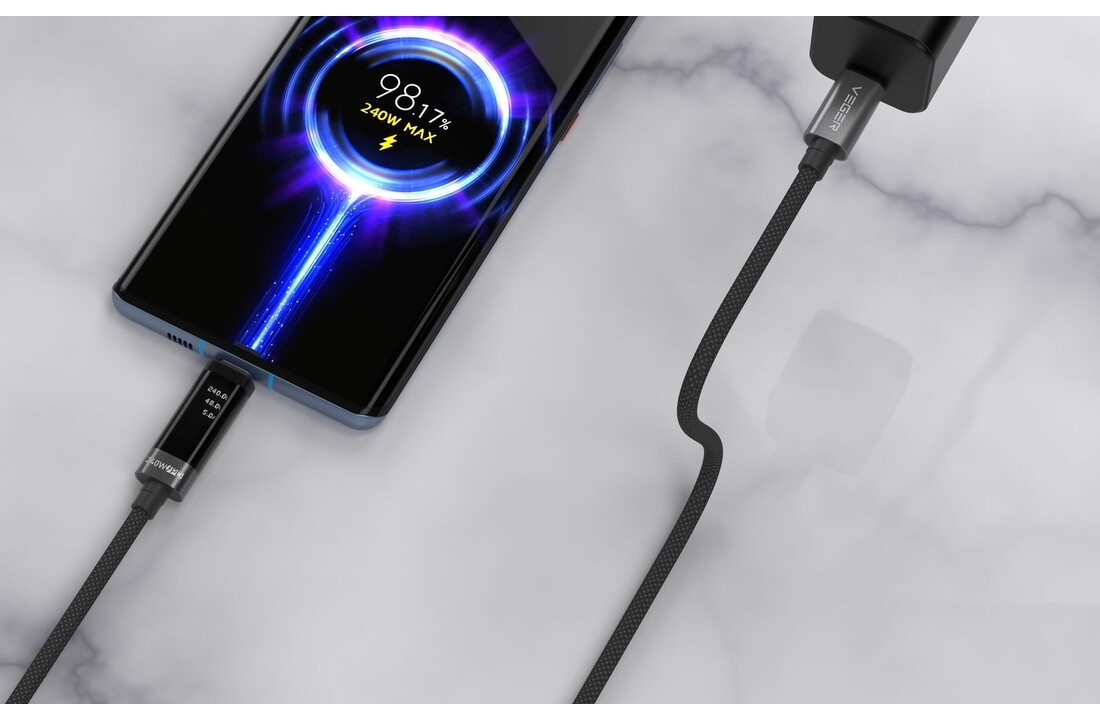 Veger DC120 USB-C naar USB-C kabel 1.5m Braided Aluminium 240 Watt met display
