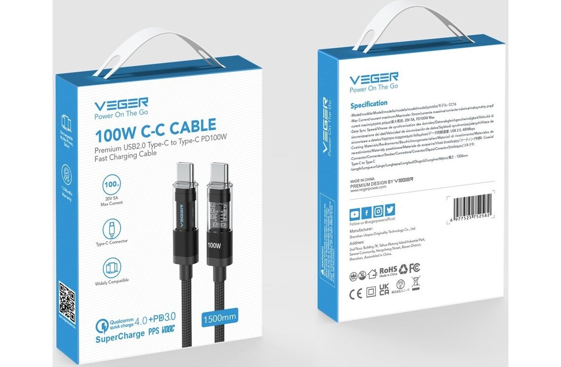 Veger CC16 USB-C naar USB-C kabel 1.5m Braided Aluminium 100 Watt met display