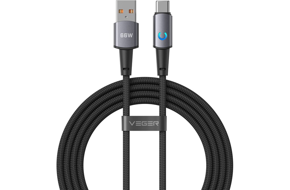 Veger AC1 USB-A naar USB-C kabel 1.2m Braided Aluminium 66 Watt