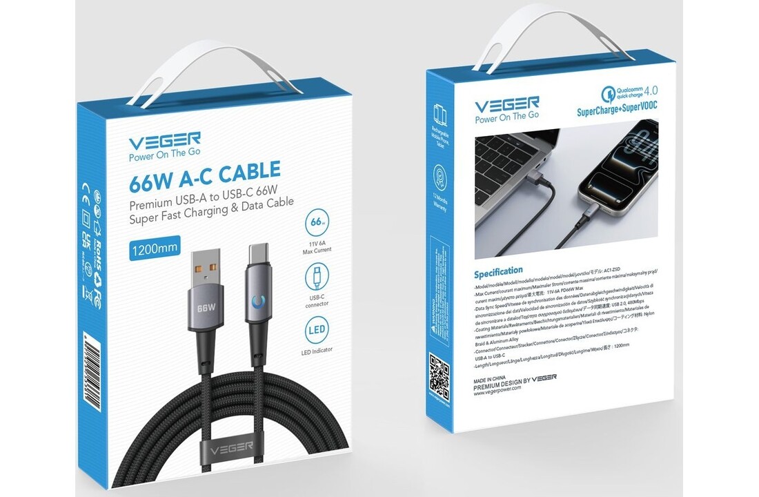 Veger AC1 USB-A naar USB-C kabel 1.2m Braided Aluminium 66 Watt