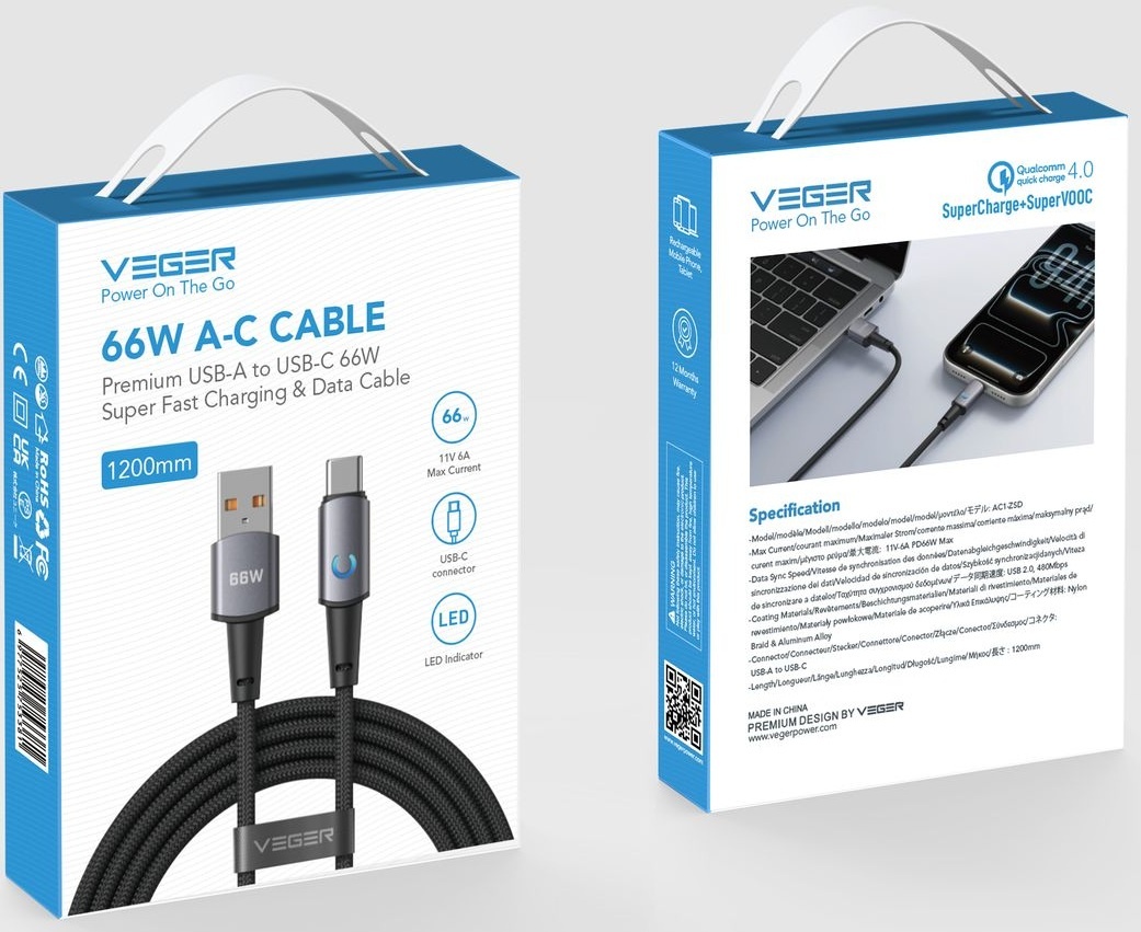 Veger AC1 USB-A naar USB-C kabel 1.2m Braided Aluminium 66 Watt